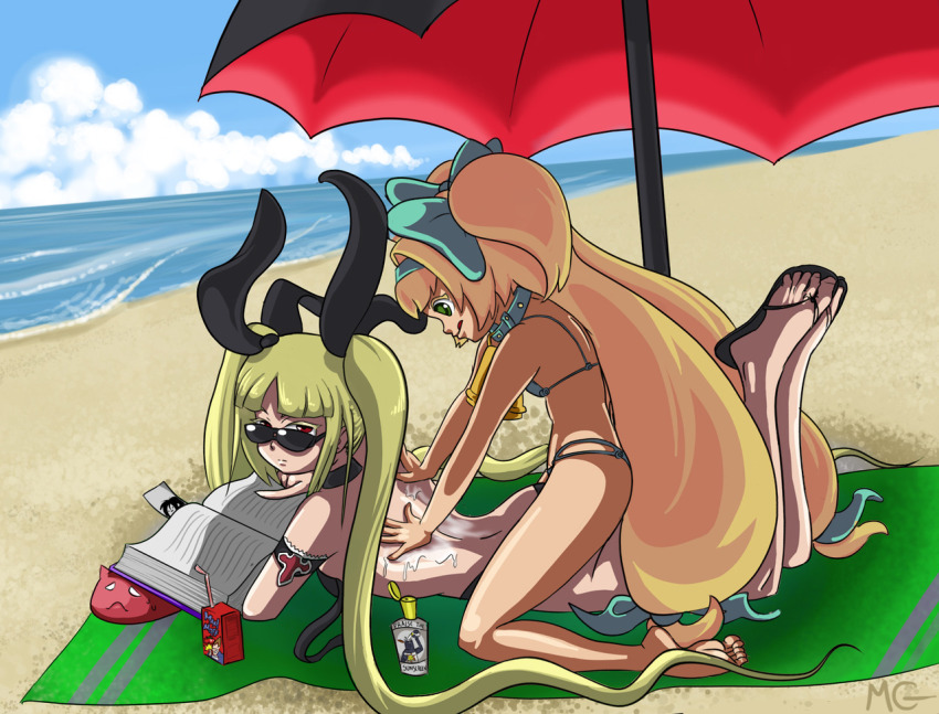 2girls :q arc_system_works armband artist_name beach beach_towel beach_umbrella bell neck_bell bikini blazblue blazblue:_continuum_shift blonde_hair bow collar day drawfag flat_chest gii hair_bow hair_ribbon hairband heart heart-shaped_pupils juice_box long_hair lotion lying mario_grant multiple_girls nago ocean on_stomach platinum_the_trinity rachel_alucard reading red_eyes ribbon straddling sunglasses swimsuit symbol-shaped_pupils tongue tongue_out towel twintails two_side_up umbrella very_long_hair