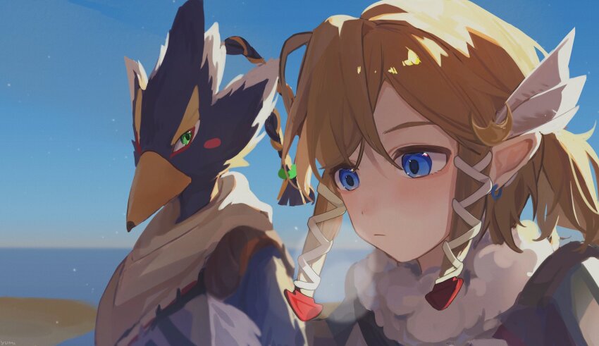 2boys bird_boy blonde_hair blue_eyes blue_feathers blue_sky breath brown_scarf closed_mouth coat commentary earrings feather_hair_ornament feathers fur-trimmed_coat fur_trim green_eyes hair_ornament highres jewelry link looking_at_another male_focus multiple_boys nintendo pointy_ears ponytail revali rito scarf short_hair short_ponytail sidelocks sky snowquill_set_(zelda) symbol-only_commentary the_legend_of_zelda the_legend_of_zelda:_breath_of_the_wild upper_body white_feathers yumiyumo3o