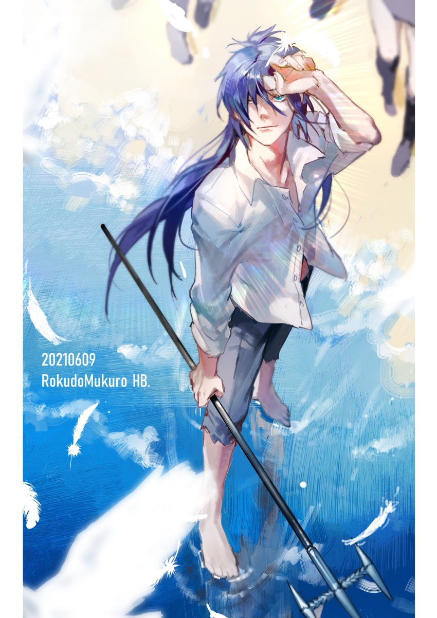 1boy barefoot bird blue_eyes blue_hair bokyo character_name dated feathers from_above hair_over_one_eye happy_birthday highres holding katekyo_hitman_reborn! long_hair male_focus multiple_boys polearm rokudou_mukuro shirt shorts solo solo_focus spear wading water weapon white_shirt