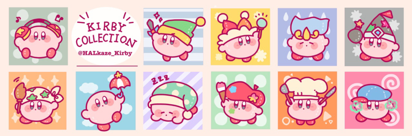 :o aqua_headwear artist_kirby bandana baseball_cap beam_kirby beret black_headwear blue_eyes blue_gemstone blue_headwear blush_stickers bomb bomb_kirby border broom bydama chef_hat circlet cleaning_kirby closed_eyes colored_skin commentary_request cook_kirby copy_ability english_text esp_kirby explosive flower forehead_jewel gem green_headwear hat hat_ornament hat_ribbon holding holding_bomb holding_broom holding_knife holding_ladle holding_paintbrush holding_sword holding_umbrella holding_wand holding_weapon jester_cap kirby kirby_(series) knife ladle listening_to_music lying mike_kirby motion_lines musical_note nightcap nintendo no_humans notice_lines on_stomach open_mouth orange_border orange_headwear paint_splatter paintbrush parasol_kirby pink_skin pointy_hat polka_dot_headwear pom_pom_(clothes) red_flower red_headphones red_headwear red_ribbon red_umbrella ribbon ribbon-trimmed_headwear ribbon_trim shoes sideways_hat simple_background sitting sleep_kirby sleeping sparkle star_(symbol) star_hat_ornament star_print straight-on sword sword_kirby telekinesis two-tone_headwear umbrella wand water water_kirby weapon white_bandana white_headwear yellow_headwear zzz
