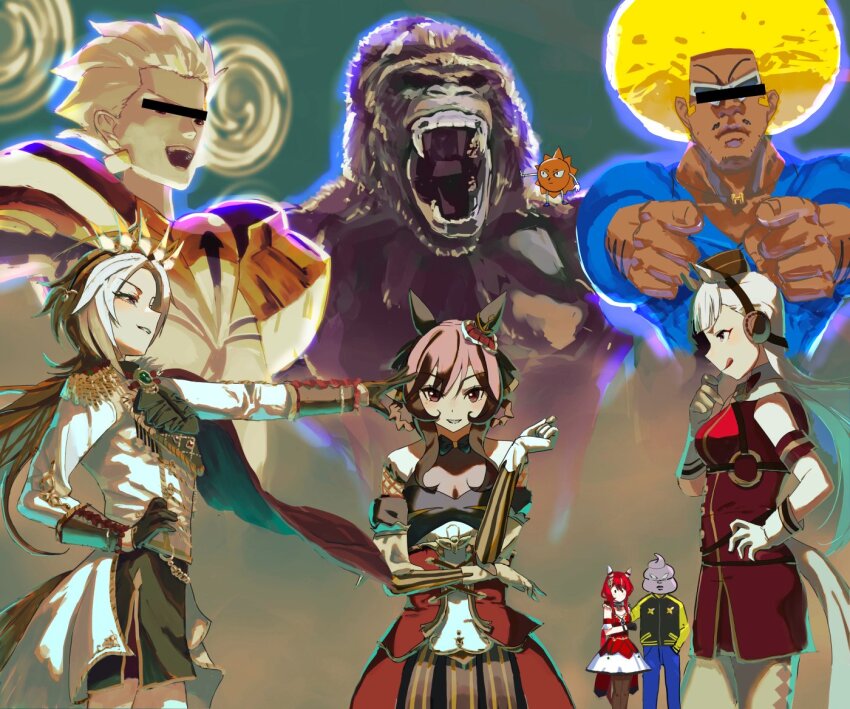 4girls afro animal_ears argyle_clothes argyle_pantyhose armband armor bar_censor black_gloves blonde_hair blue_pants blutgang_(fire_emblem) bobobo-bo_bo-bobo bobobo-bo_bo-bobo_(character) braid braided_hair_rings brown_hat censored censored_identity commentary_request dark-skinned_male dark_skin don_patch dress ear_covers earrings epaulettes gate_of_babylon_(fate) gentildonna_(umamusume) gilgamesh_(fate) gloves gold_armor gold_ship_(umamusume) gold_trim gorilla hair_rings hand_on_own_hip hands_in_pockets hat headgear horse_ears horse_girl horse_tail jacket jewelry king_kong king_kong_(series) medium_hair monochrome multiple_girls no_mouth no_uwazumi orange_hair orfevre_(umamusume) pants pantyhose pillbox_hat plate_armor pointing pointing_at_viewer red_armband red_dress red_hair see-through_clothes sleeveless sleeveless_dress softon_(bobobo-bo_bo-bobo) sunglasses tail track_jacket umamusume white_gloves white_hair white_pantyhose win_variation_(umamusume)