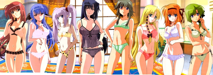 00s 6+girls :o absurdres adjusting_hair age_difference ahoge animal_print aqua_eyes arm_behind_back asymmetrical_hair benibara_nadeshiko black_hair black_panties blonde_hair blue_eyes blue_hair bow bow_bra bow_panties bra breasts breasts_apart brown_eyes camisole cat_print cleavage clenched_hand closed_mouth clothes_writing contrapposto covered_erect_nipples cowboy_shot curtains everyone flat_chest flipped_hair frilled_bra frilled_panties frills front-tie_top fuyou_kaede green_bra green_hair green_panties grey_hair grey_panties grin groin hair_between_eyes hair_bow hair_ribbon hair_tie hairband half_updo hand_on_own_hip head_tilt heterochromia highres hip_focus hosoda_naoto indoors kareha lace lace-trimmed_bra lace-trimmed_panties lace_trim large_breasts legs_apart legs_together light_purple_hair light_smile lineup lingerie lipstick lisianthus long_hair long_image long_pointy_ears looking_at_viewer lowleg lowleg_panties makeup matching_underwear mature_female mayumi_thyme multiple_girls narrow_waist navel nerine official_art orange_hair painting_(object) pale_skin panties parted_bangs parted_lips pink_bra pink_panties plant pointy_ears polka_dot polka_dot_bra polka_dot_panties potted_plant primula print_panties purple_eyes raised_eyebrows red_bra red_eyes red_hair red_panties ribbon ribbon-trimmed_bra ribbon-trimmed_panties ribbon_trim rug scan see-through_clothes shigure_asa short_hair short_hair_with_long_locks shuffle! side-tie_panties sidelocks small_breasts smile standing stitched teacher thigh_gap thighs third-party_edit tile_floor tiles tress_ribbon twintails underwear underwear_only very_long_hair white_bra white_panties wide_image window yellow_bra yellow_panties