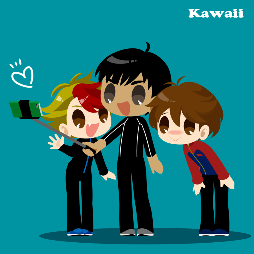 3boys :&gt; :d black_hair blonde_hair blush brown_eyes brown_hair cellphone dark_skin dark-skinned_male fang freckles grey_eyes heart highres jacket ji_guang-hong kaorin_minogue male_focus minami_kenjirou multicolored_hair multiple_boys open_mouth phichit_chulanont phone red_hair selfie selfie_stick smartphone smile track_jacket two-tone_hair yuri!!!_on_ice