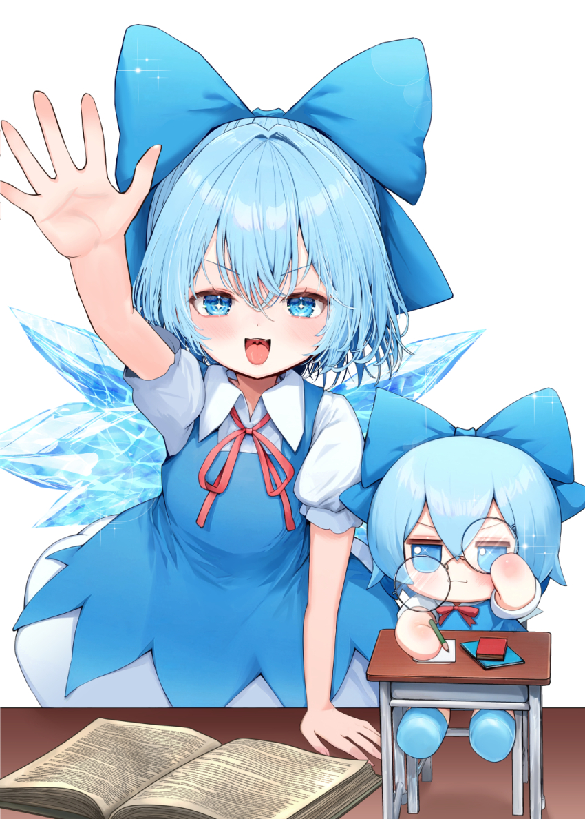 1girl adjusting_eyewear blue_bow blue_dress blue_eyes blue_hair bow cirno closed_mouth desk dress fairy fumo_(doll) hair_between_eyes highres ice ice_wings looking_at_viewer medium_hair mikan_(manmarumikan) open_mouth round_eyewear school_desk short_sleeves sitting smile stuffed_toy touhou white_sleeves wings