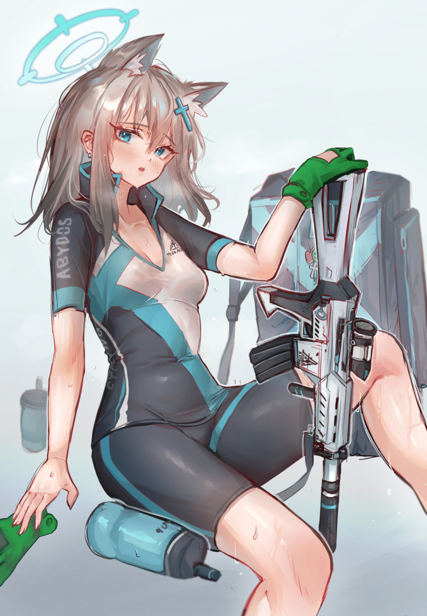 1girl absurdres animal_ears bag bike_shorts biker_clothes blue_archive blue_eyes blue_halo breasts canteen cleavage covered_erect_nipples cross_hair_ornament earrings extra_ears feet_out_of_frame gradient_background grey_background grey_hair hair_ornament halo highres invisible_chair jewelry kaguura_(kagu) knee_up medium_breasts medium_hair no_tail official_alternate_costume shiroko_(blue_archive) shiroko_(cycling)_(blue_archive) short_sleeves simple_background sitting skin_tight solo sportswear sweat weapon weapon_request wolf_ears