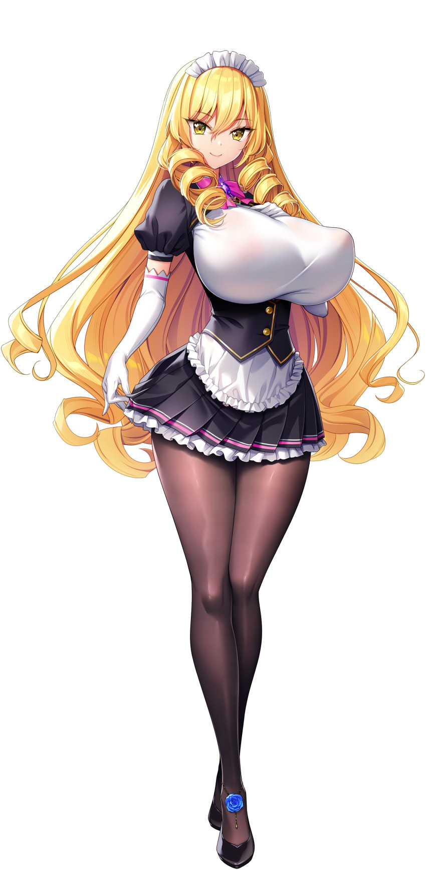 1girl absurdres akagi_rio apron black_gloves black_pantyhose blonde_hair bow bowtie breasts closed_mouth clothes_lift collar_jewel covered_erect_nipples drill_hair drill_sidelocks elbow_gloves femme_de_menage_maid_academy_uniform flower footwear_flower frilled_apron frills full_body game_cg gem gloves hand_on_own_chest heart heart_in_eye highres huge_breasts long_hair looking_at_viewer maid maid_apron maid_headdress makina_le_blanchette milk_factory motto!_haramase!_honoo_no_oppai_isekai_oppai_maid_gakuen! non-web_source official_art pantyhose pink_bow pink_bowtie purple_brooch purple_gemstone sidelocks skirt skirt_lift smile solo sprite standing symbol_in_eye tachi-e transparent_background waist_apron wavy_hair yellow_eyes