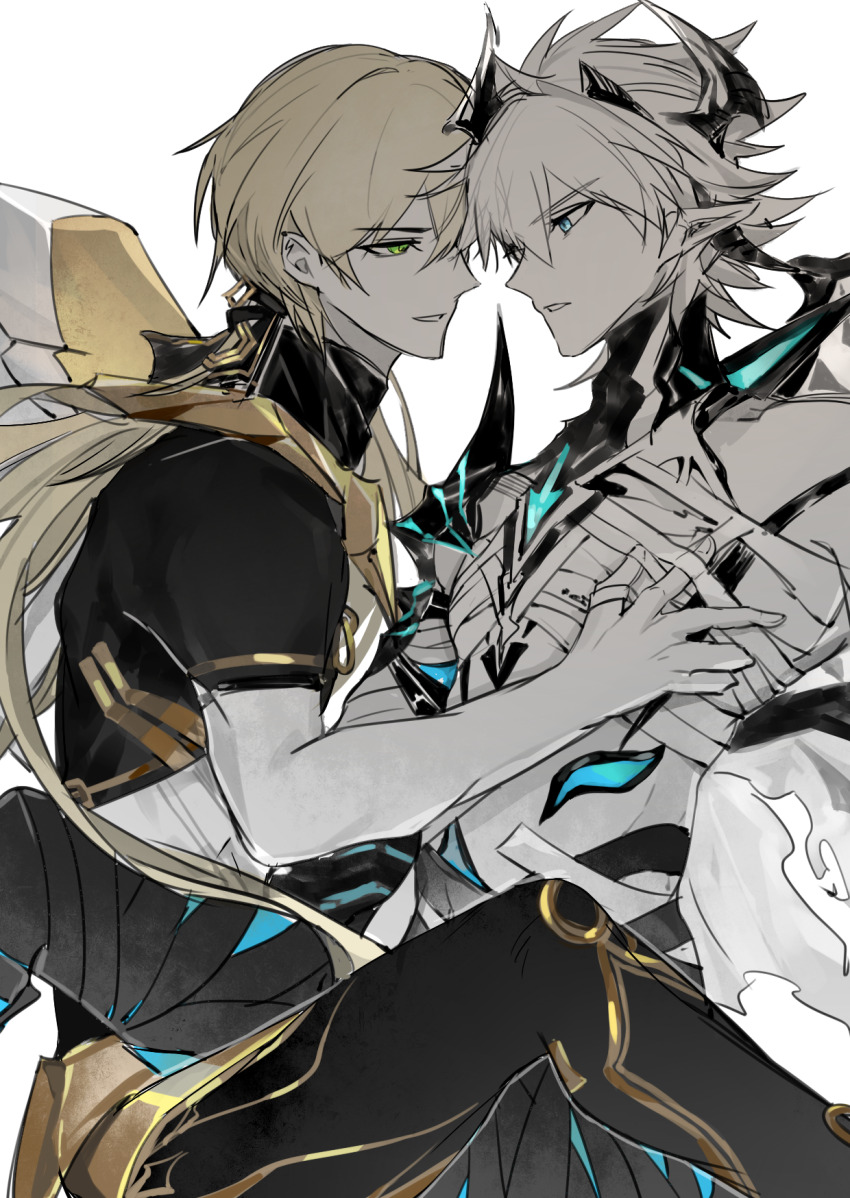 2boys armor bandaged_chest bandaged_leg bandages blonde_hair blue_eyes chinese_commentary chinese_text kevin_kaslana_(diabolic) glowing glowing_eyes green_eyes hair_between_eyes hand_on_another&#039;s_chest headpiece heads_together highres honkai_(series) honkai_impact_3rd kevin_kaslana leaning_back leaning_forward leaning_on_person long_hair looking_at_another low_ponytail multiple_boys otto_apocalypse pants parted_lips partially_colored pointy_ears ponytail qieazhibingjiling short_hair short_sleeves shoulder_armor simplified_chinese_text white_background white_hair yaoi