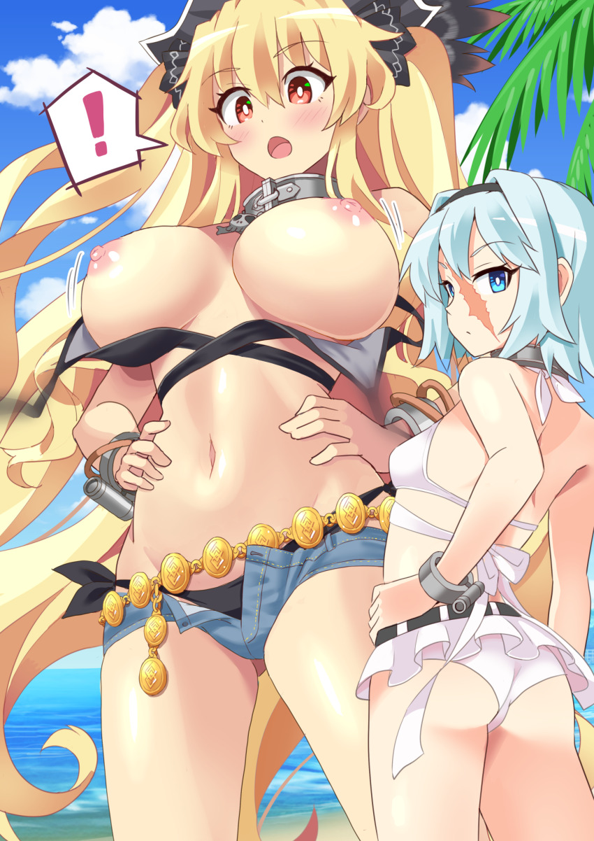 ! 2girls anne_bonny_(fate) anne_bonny_(swimsuit_archer)_(first_ascension)_(fate) ass back bare_shoulders beach belly_chain belt bikini black_bikini black_hairband black_headwear blonde_hair blue_eyes blue_shorts blue_sky blush breasts collar cuffs denim denim_shorts fate/grand_order fate_(series) hairband hat highres jewelry large_breasts long_hair looking_at_viewer mary_read_(fate) mary_read_(swimsuit_archer)_(first_ascension)_(fate) metal_collar microskirt multiple_girls navel nipples open_fly open_mouth pirate_hat red_eyes scar scar_on_face shimouki_izui shore short_hair short_shorts shorts sidelocks skirt sky small_breasts swimsuit thighs two_side_up white_bikini white_hair