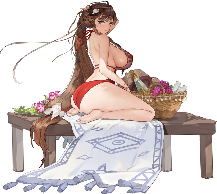 1girl ass bare_legs barefoot basket blue_eyes bottle breasts brown_hair carpet champagne_bottle covered_erect_nipples cup daphne_(last_origin) drinking_glass floral_print flower food from_side fruit full_body game_cg grapes hair_ornament highres huge_breasts large_breasts last_origin leaf long_hair looking_at_viewer looking_back low-tied_long_hair median_furrow official_alternate_costume official_art on_table one-piece_swimsuit pearl_hair_ornament petals purple_flower red_one-piece_swimsuit rorobomb seashell seiza shadow shell shell_hair_ornament shiny_skin shoulder_blades sideboob sitting skindentation smile solo swimsuit table tachi-e thick_thighs thighs transparent_background very_long_hair white_one-piece_swimsuit wristband