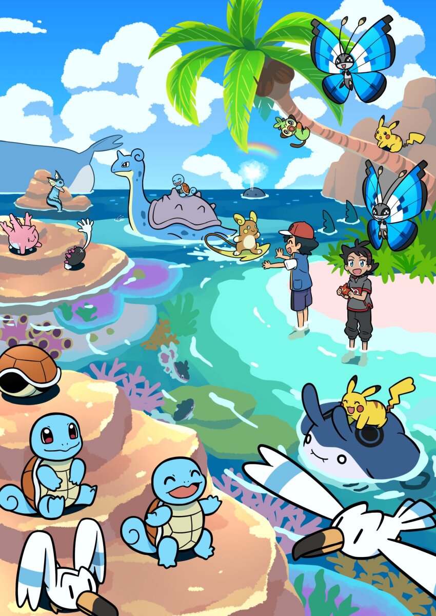 2boys :d ^_^ alolan_form alolan_raichu ash_ketchum barefoot black_hair blue_eyes blue_vest closed_eyes cloud coconut_tree commentary coral corsola day finneon gen_1_pokemon gen_2_pokemon gen_3_pokemon gen_4_pokemon gen_6_pokemon gen_7_pokemon gen_8_pokemon goh_(pokemon) grookey hat highres holding holding_phone lapras male_focus mantine multiple_boys nintendo open_mouth outdoors palm_tree pants pants_rolled_up phone pikachu pokemon pokemon_(anime) pokemon_(creature) pokemon_journeys pyukumuku rainbow red_hat rock rotom rotom_phone sand shirt short_sleeves shorts shuan_0420 sky smile squirtle standing symbol-only_commentary t-shirt tree vaporeon vest vivillon wading wailmer wailord water white_shirt wingull