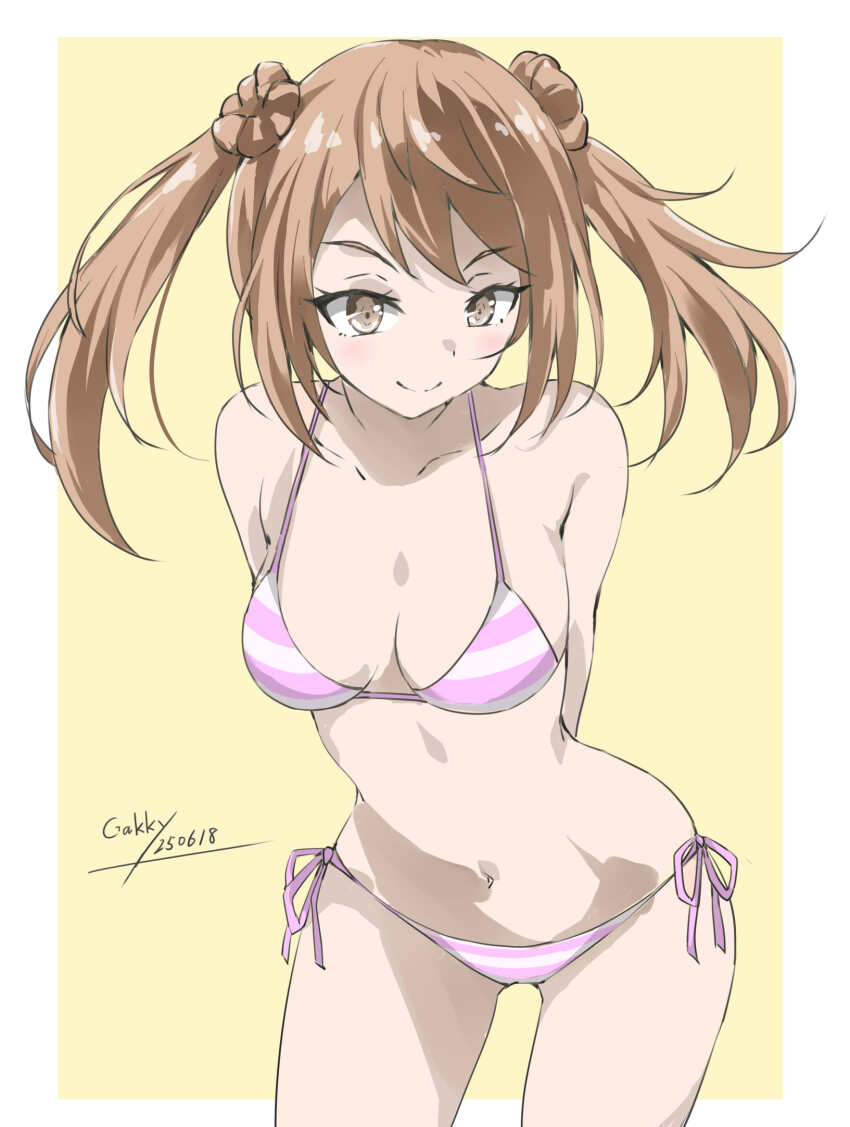 1girl bikini blush breasts brown_eyes brown_hair cowboy_shot double_bun gakky hair_bun highres kantai_collection michishio_(kancolle) navel one-hour_drawing_challenge pink_bikini short_hair short_twintails small_breasts smile striped_bikini striped_clothes swimsuit twintails white_background yellow_background