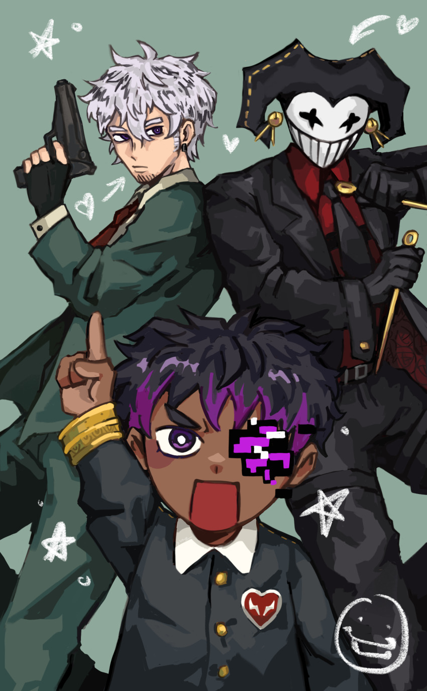 3boys absurdres aged_down anya_(spy_x_family) anya_(spy_x_family)_(cosplay) ashswag beard black_hair blush_stickers branzy clownpierce cosplay dark-skinned_male dark_skin facial_hair formal_clothes green_background gun heart highres holding holding_gun holding_weapon jester lifesteal_smp male_focus mime minecraft_youtube multicolored_hair multiple_boys open_mouth pointing purple_eyes purple_hair short_hair sillyducy spy_x_family standing suit twilight_(spy_x_family) twilight_(spy_x_family)_(cosplay) two-tone_hair weapon white_hair yor_briar yor_briar_(cosplay)