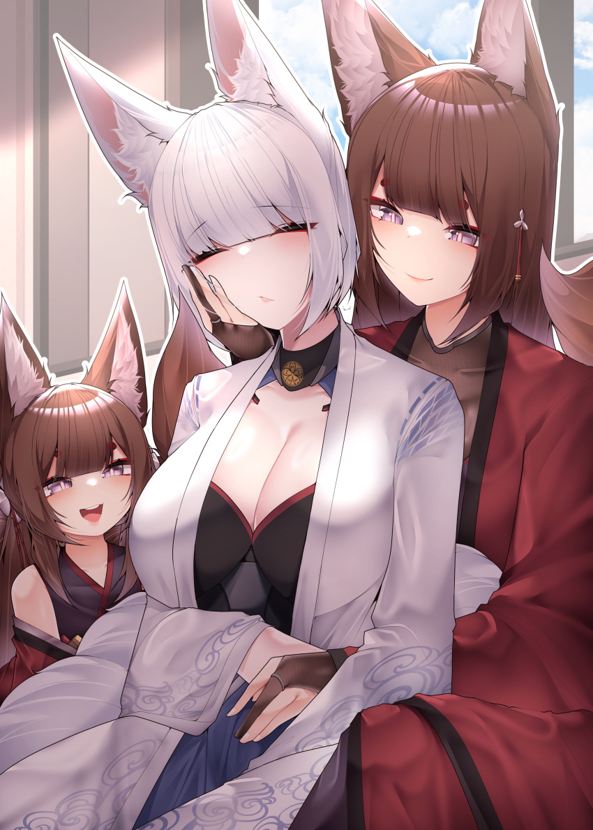 3girls absurdres amagi-chan_(azur_lane) amagi_(azur_lane) animal_ear_fluff animal_ears azur_lane breasts brown_hair cleavage closed_eyes closed_mouth cloud fox_ears fox_girl hand_on_another&#039;s_cheek hand_on_another&#039;s_face haori highres japanese_clothes kaga_(azur_lane) long_hair multiple_girls open_mouth purple_eyes red_haori samip short_hair smile white_hair white_haori