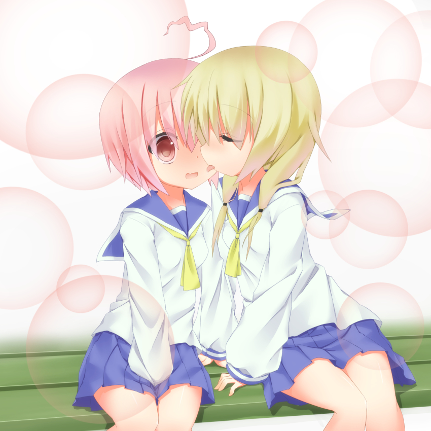 2girls ahoge bench blonde_hair blush hassai highres ichii_yui licking multiple_girls nonohara_yuzuko pink_hair school_uniform serafuku short_hair twintails yuri yuyushiki
