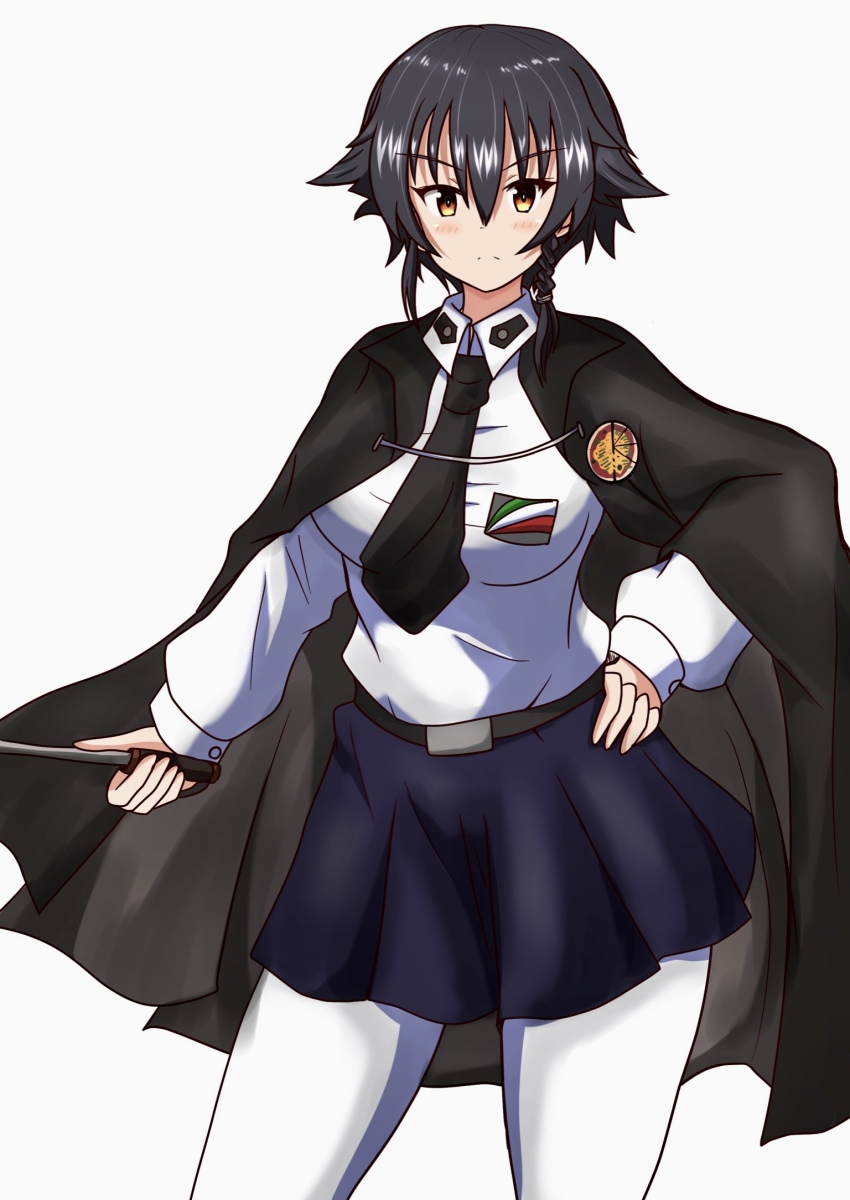 1girl anzio_(emblem) anzio_school_uniform belt black_belt black_cape black_hair black_necktie black_skirt braid brown_eyes cape closed_mouth cowboy_shot dress_shirt emblem frown girls_und_panzer hand_on_own_hip highres holding long_sleeves looking_at_viewer meiya miniskirt necktie pantyhose pepperoni_(girls_und_panzer) pleated_skirt riding_crop school_uniform shirt short_hair side_braid simple_background skirt solo standing white_background white_pantyhose white_shirt wing_collar