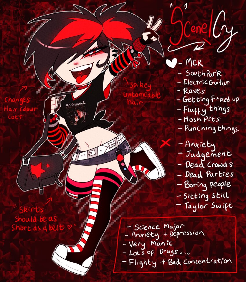 1girl bag belt black_shirt boots bracelet collar cry_(crydiaa) crydiaa_(artist) denim denim_shorts earrings fang handbag highres indie_virtual_youtuber jewelry my_chemical_romance red_eyes scene_cry shirt shorts spiked_hair striped_sleeves thigh_boots white_belt