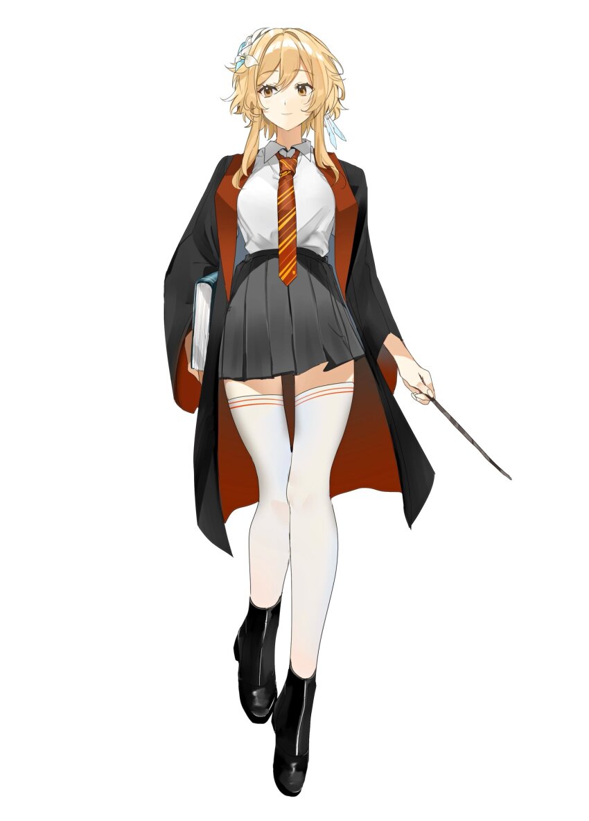 1girl alternate_costume aqua_flower arms_at_sides black_robe black_shoes black_skirt black_sleeves blonde_hair blouse closed_eyes collared_shirt eyelashes feather_hair_ornament feathers flower full_body genshin_impact gryffindor hair_flower hair_ornament harry_potter_(series) highres holding holding_wand long_sleeves looking_to_the_side lumine_(genshin_impact) mamumamu115353 multicolored_flower necktie pleated_skirt red_necktie red_robe robe shirt shoes short_hair short_hair_with_long_locks sidelocks sideways_glance skirt smile solo striped_necktie thighhighs two-sided_robe wand white_background white_flower white_shirt white_thighhighs wizarding_world yellow_eyes zettai_ryouiki
