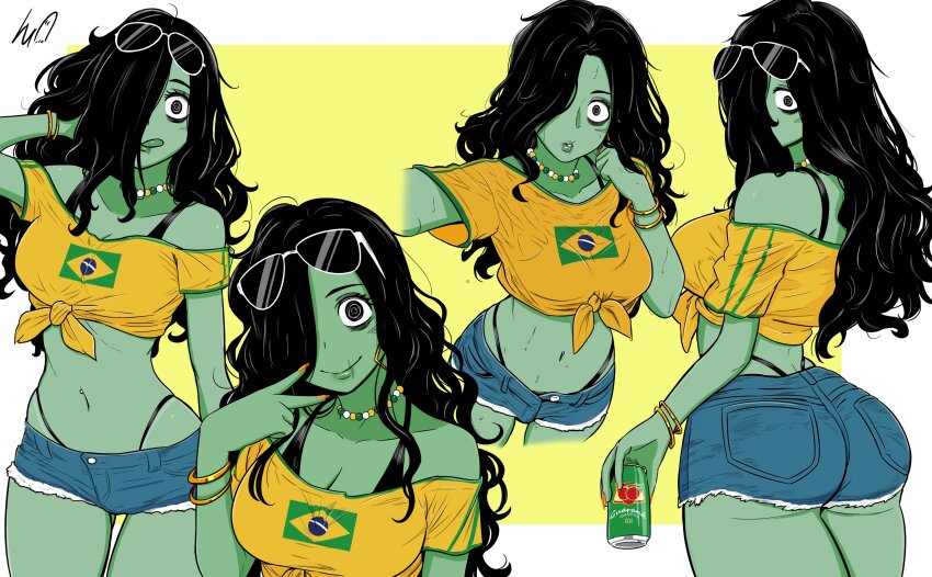 1girl absurdres alternate_skin_color artist_logo ass bags_under_eyes bead_necklace beads bikini bikini_under_clothes black_bikini black_eyes black_hair border bracelet brazilian_flag brazilian_flag_print brazilian_miku brazilian_miku_(cosplay) brazilian_sadako breasts can colored_skin commentary cosplay cowboy_shot crop_top cropped_legs denim denim_shorts earrings english_commentary eyewear_on_head flag_print ghost ghost_girl gold_bracelet gold_earrings green_skin green_trim grey_skin guarana_antarctica hair_over_one_eye hatsune_miku highres holding holding_can jewelry logo long_hair lowleg lowleg_shorts lughost messy_hair midriff multiple_bracelets multiple_views navel navel_piercing necklace pale_skin piercing print_shirt ringed_eyes shirt short_shorts shorts signature sunglasses swimsuit the_ring tied_shirt tongue tongue_out vocaloid white-framed_eyewear white_border yamamura_sadako yellow_background yellow_shirt