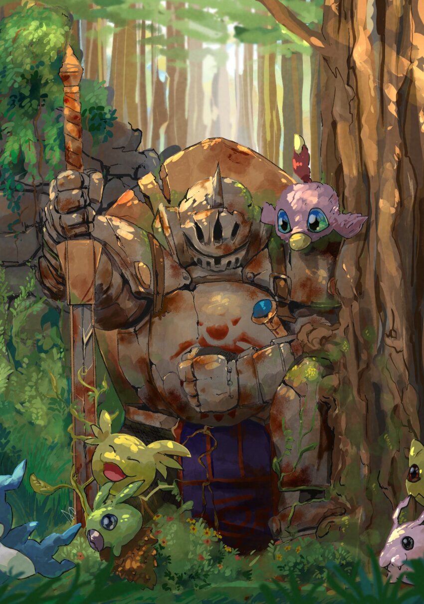 armor chibimon digimon digimon_(creature) flower grass happy highres knightmon minomon nyaromon open_mouth poromon running rust smile sword tokomon tree upamon weapon yuuji7604