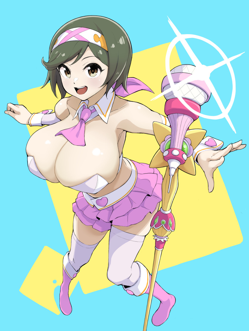 1girl absurdres black_hair boots breasts cleavage detached_collar detached_sleeves hairband highres huge_breasts idol ikigai mai_(senran_kagura) microphone midriff pink_boots senran_kagura skirt smile thighhighs yellow_eyes