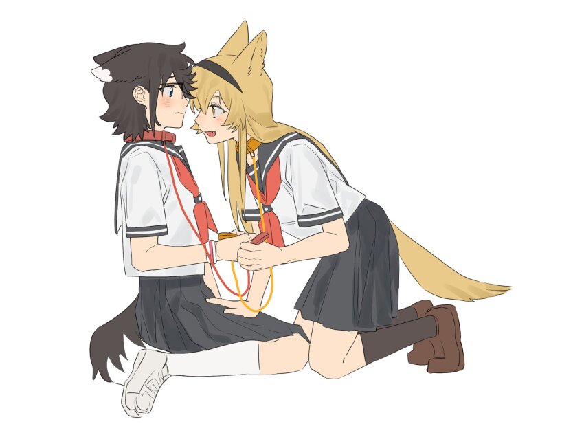 2girls animal_ears black_hairband black_sailor_collar black_skirt black_socks blonde_hair blush bracelet brown_hair brown_shoes closed_mouth collar commentary dog_ears dog_girl dog_tail fang hairband hand_on_another&#039;s_thigh highres holding holding_leash jewelry jiguang_haibao kemonomimi_mode kneeling koishikawa_iko leash long_hair looking_at_another momijiyama_teru multiple_girls open_mouth pleated_skirt red_collar sailor_collar school_uniform serafuku shirt shoes short_hair short_sleeves shy_(series) simple_background skirt smile socks symbol-only_commentary tail white_background white_shirt white_shoes white_socks yellow_collar yellow_eyes yuri