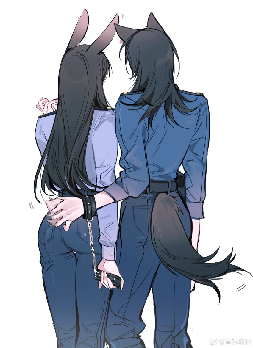 2girls absurdres animal_ear_fluff animal_ears ass bang_dream! bang_dream!_it&#039;s_mygo!!!!! black_hair blue_pants blue_shirt chinese_commentary commentary_request cosplay crossdressing cuffs fox_ears fox_girl fox_tail from_behind hand_up handcuffs highres holding holding_handcuffs judy_hopps judy_hopps_(cosplay) kemonomimi_mode long_hair long_sleeves m_omoo medium_hair multiple_girls nick_wilde nick_wilde_(cosplay) pants rabbit_ears rabbit_girl rabbit_tail shiina_taki shirt simple_background single_handcuff tail tail_grab three-quarter_sleeves white_background yahata_umiri zootopia