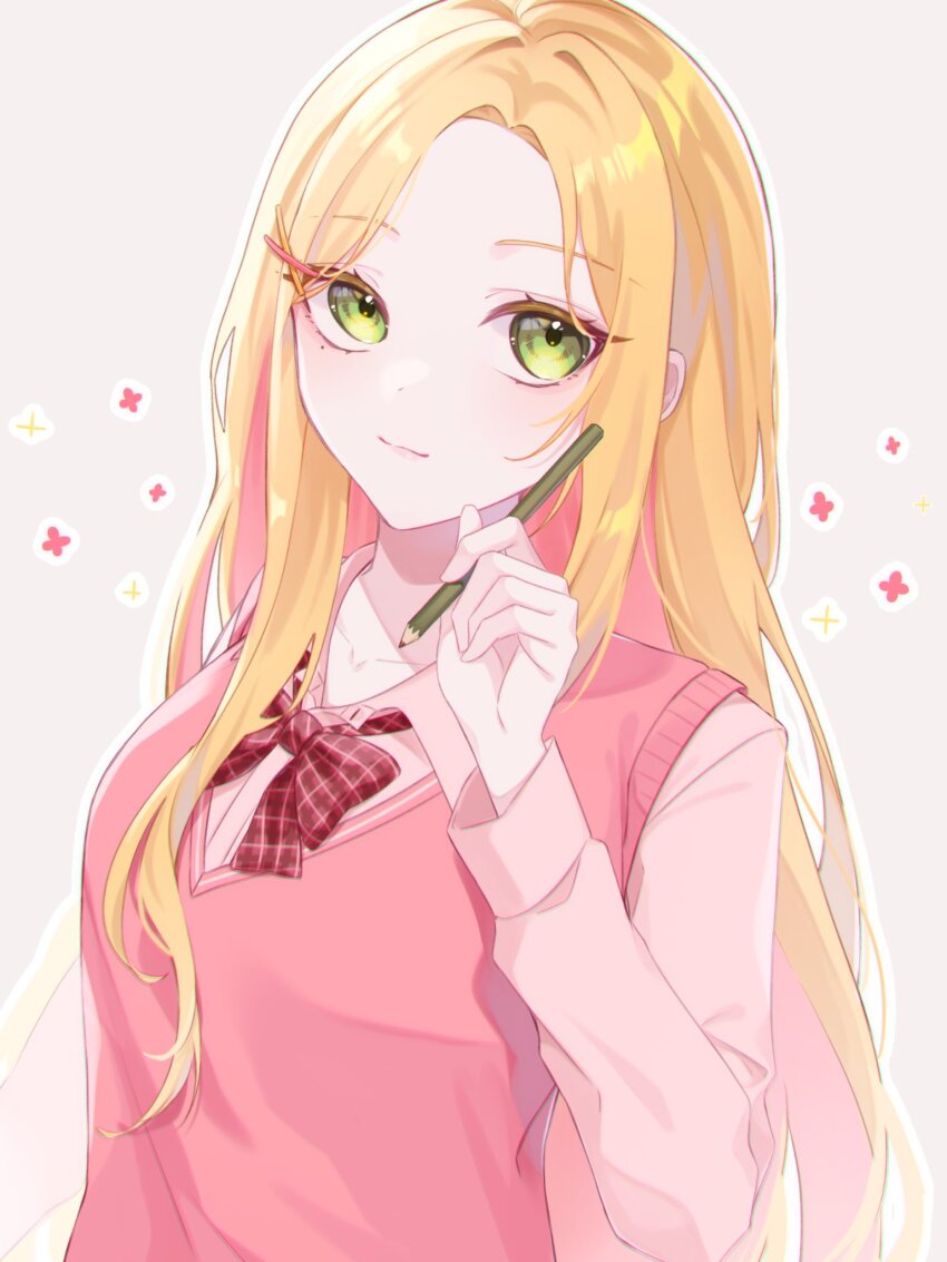 1girl blonde_hair bow bowtie collared_shirt commentary_request green_eyes highres holding holding_pencil hqruchikq long_hair nijisanji nijisanji_kr pencil pink_shirt pink_sweater pink_sweater_vest plaid_bow plaid_bowtie plaid_clothes red_bow red_bowtie seffyna shirt solo sweater sweater_vest virtual_youtuber
