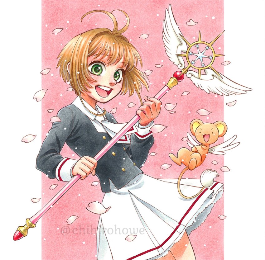 1990s_(style) 1girl antenna_hair brown_hair cardcaptor_sakura cardcaptor_sakura_clear_card_arc chihiro_howe green_eyes highres kero_(cardcaptor_sakura) kinomoto_sakura marker_(medium) retro_artstyle school_uniform short_hair tomoeda_elementary_school_uniform traditional_media wand