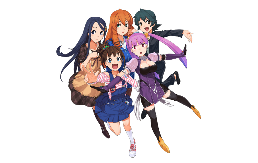 5girls bing black_hair blue_eyes blue_hair breasts brown_hair buttons cleavage earrings everyone green_eyes green_hair hair_ornament hairpin highres jewelry medium_breasts microsoft_bing microsoft_windows multiple_girls nana_(bing) nanae_(bing) nanako_(bing) nanami_(bing) nanao_(bing) necklace outstretched_arms overalls pantyhose purple_hair red_eyes spread_arms sweat twintails v yellow_eyes