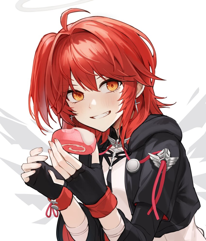 1girl :d absurdres ahoge arknights beruko14 black_gloves black_jacket blush commentary_request cross cross_earrings earrings exusiai_(arknights) exusiai_the_new_covenant_(arknights) fingerless_gloves fingernails food gloves grey_halo grin hair_between_eyes halo highres holding holding_food jacket jewelry latin_cross looking_at_viewer medium_hair open_mouth partial_commentary red_hair simple_background smile solo traditional_halo upper_body white_background yellow_eyes
