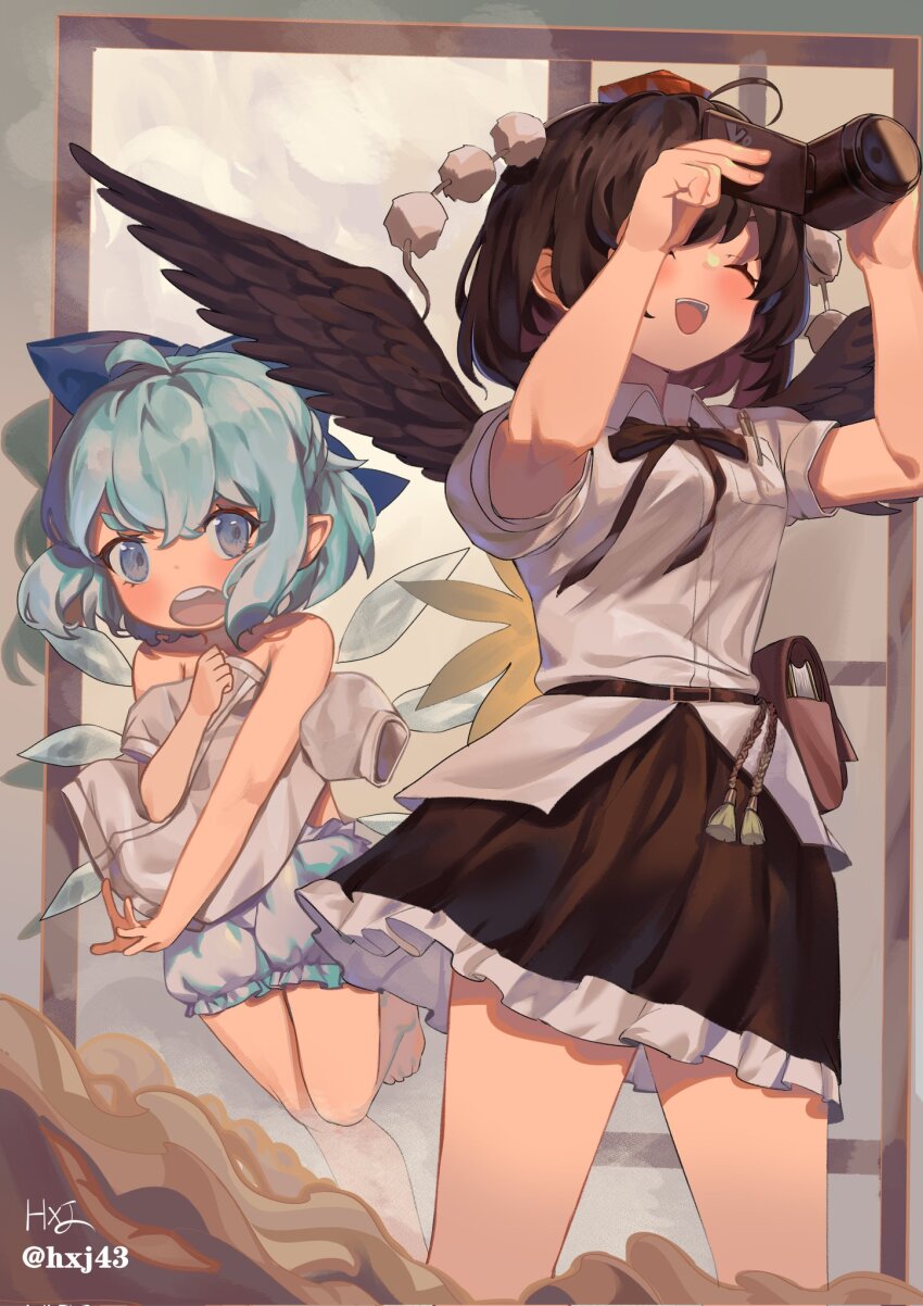 2girls ahoge bird_wings black_hair black_skirt black_wings bloomers blue_bow blue_eyes blue_hair bow camera cirno detached_wings frilled_skirt frills hair_bow hat highres holding holding_camera hxj_(2324184595) ice ice_wings multiple_girls pom_pom_(clothes) red_headwear shameimaru_aya shirt short_hair signature skirt tokin_hat topless_female touhou twitter_username underwear white_shirt wings