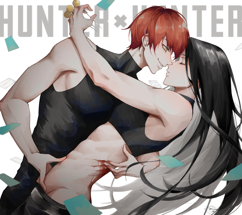 2boys absurdres alternate_costume black_hair black_shirt blood_on_back closed_eyes couple crop_top earrings floating_card floating_earring highres hisoka_morow holding holding_weapon hunter_x_hunter illumi_zoldyck jewelry long_hair looking_at_another midriff multiple_boys noses_touching official_alternate_hairstyle red_hair scratching_back scratching_stomach shirt short_hair sleeveless sleeveless_shirt smile toned toned_male trap user_bet5426 weapon yaoi yellow_eyes