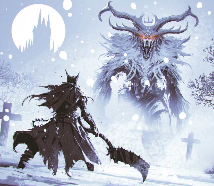 absurdres bloodborne castle cleric_beast cloak cross from_behind full_moon glowing glowing_eyes graveyard hat highres holding holding_weapon hunter_(bloodborne) kalmahul monster moon open_mouth outdoors red_eyes saw saw_cleaver sharp_teeth snowing teeth tree tricorne weapon