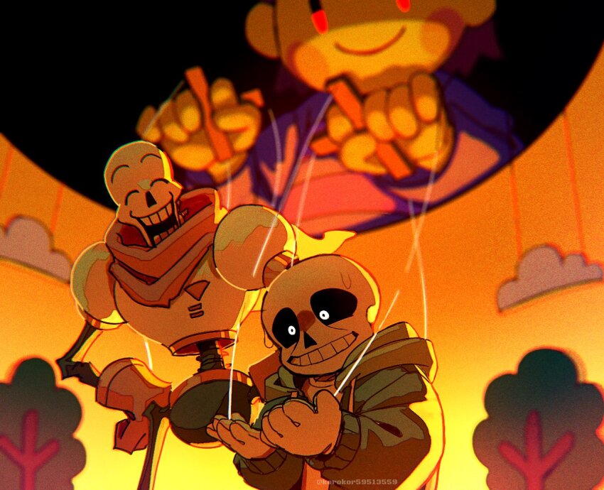 2boys blue_jacket blush_stickers brown_hair chara_(undertale) closed_eyes grin hollow_eyes jacket korokor59513559 multiple_boys papyrus_(undertale) puppet_strings puppeteering red_eyes sans_(undertale) skeleton smile sweat teeth undertale