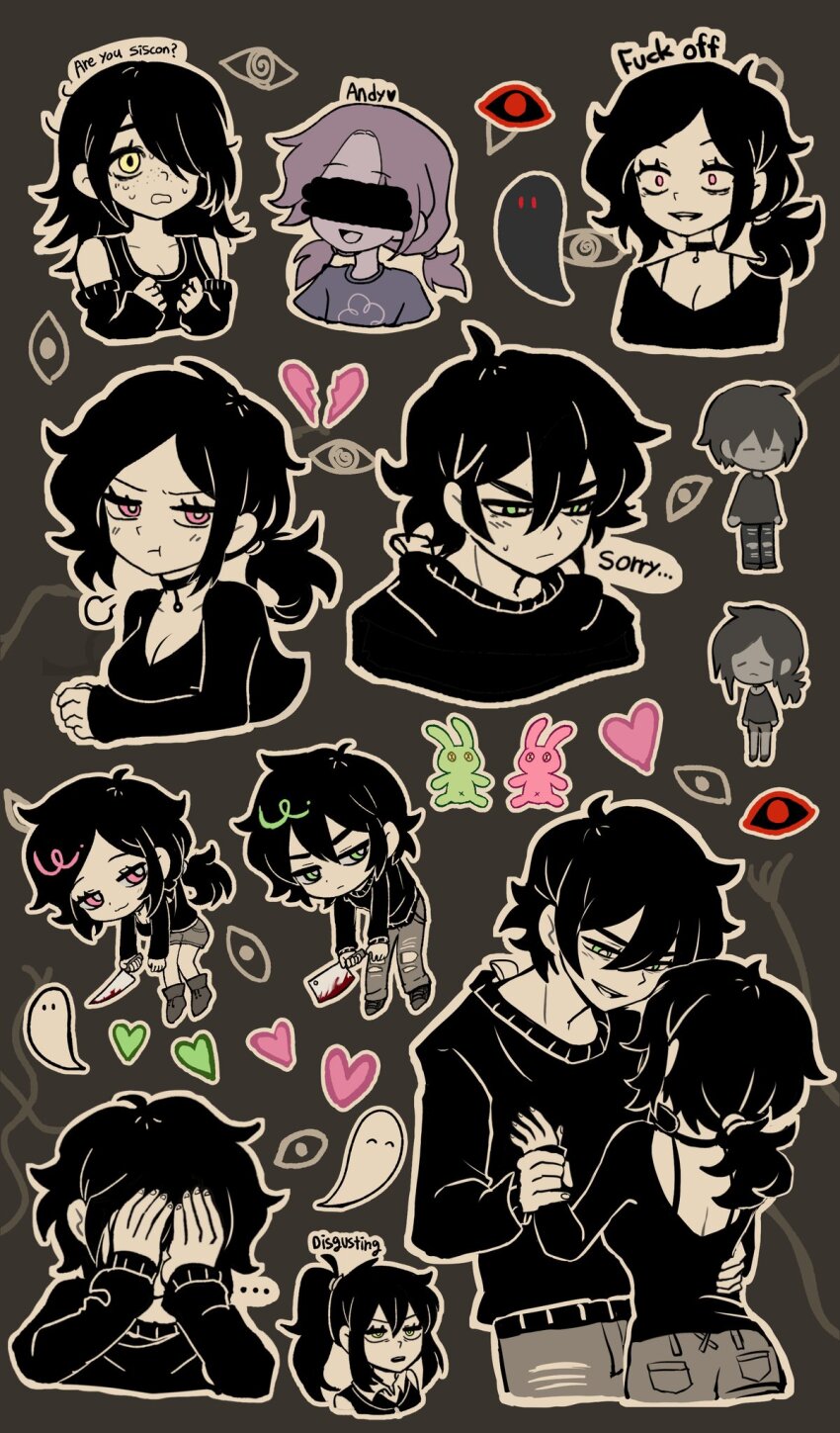 1boy 3girls andrew_graves ashley_graves black_hair blood breasts censored chibi choker cleavage cleaver closed_mouth commentary covering_own_eyes english_commentary english_text freckles ghost green_eyes hair_over_one_eye heart highres censored_identity julia_(the_coffin_of_andy_and_leyley) knife long_hair medium_breasts renee_graves multiple_girls multiple_views open_mouth pink_eyes ponytail renee_graves simple_background sweat sweater the_coffin_of_andy_and_leyley watasi_tokimi