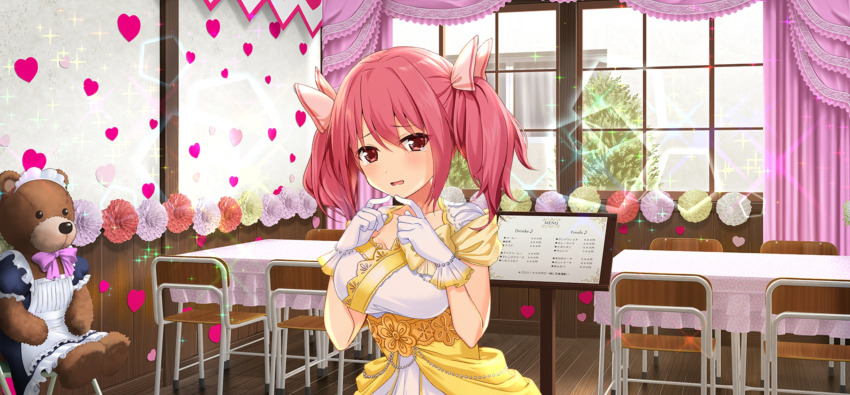 1girl breasts chair curtains desk dress game_cg gloves heart highres indoors large_breasts looking_at_viewer moe!_ninja_girls moe!_ninja_girls_rpg momochi_myu official_art open_mouth pink_eyes pink_hair school_desk short_hair short_twintails solo stuffed_animal stuffed_toy teddy_bear third-party_source twintails white_gloves window yellow_dress