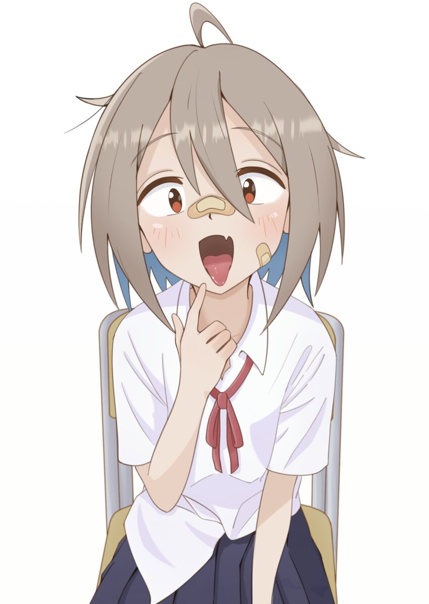 1girl absurdres ahoge bandaid bandaid_on_cheek bandaid_on_face bandaid_on_nose blue_hair blue_skirt chair collared_shirt colored_inner_hair commentary_request do_it_yourself!! fang grey_hair hair_between_eyes highres looking_at_viewer medium_hair mnantoka multicolored_hair open_mouth pleated_skirt red_eyes shirt shirt_partially_tucked_in simple_background skin_fang skirt solo tongue tongue_out white_background white_shirt yua_serufu