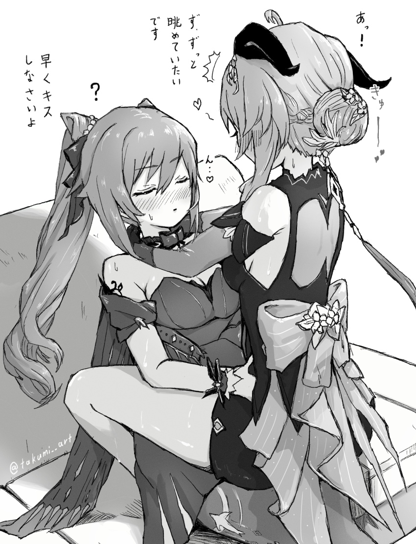 2girls absurdres arm_tattoo back_bow bare_shoulders blush bow breasts cleavage closed_eyes closed_mouth commentary_request cone_hair_bun couch dress ganyu_(genshin_impact) ganyu_(twilight_blossom)_(genshin_impact) genshin_impact gloves greyscale hair_bun hand_on_another&#039;s_waist heart highres horns keqing_(genshin_impact) keqing_(opulent_splendor)_(genshin_impact) long_hair medium_breasts monochrome multiple_girls on_couch open_mouth pantyhose sitting sitting_on_lap sitting_on_person strapless strapless_dress sweatdrop takumi_(user_xmwf4727) tattoo translation_request twintails twitter_username yuri