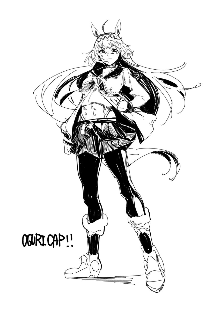 1girl ahoge animal_ears brooch closed_mouth diamond_hairband ear_ornament full_body greyscale hair_between_eyes hair_ornament hairband highres horse_ears horse_girl horse_tail jacket jewelry leggings long_hair long_sleeves looking_at_viewer midriff monochrome navel neckerchief oguri_cap_(starlight_beat)_(umamusume) oguri_cap_(umamusume) ohayonabeno pantyhose sailor_collar shirt shoes simple_background skirt solo star_brooch tail umamusume white_background