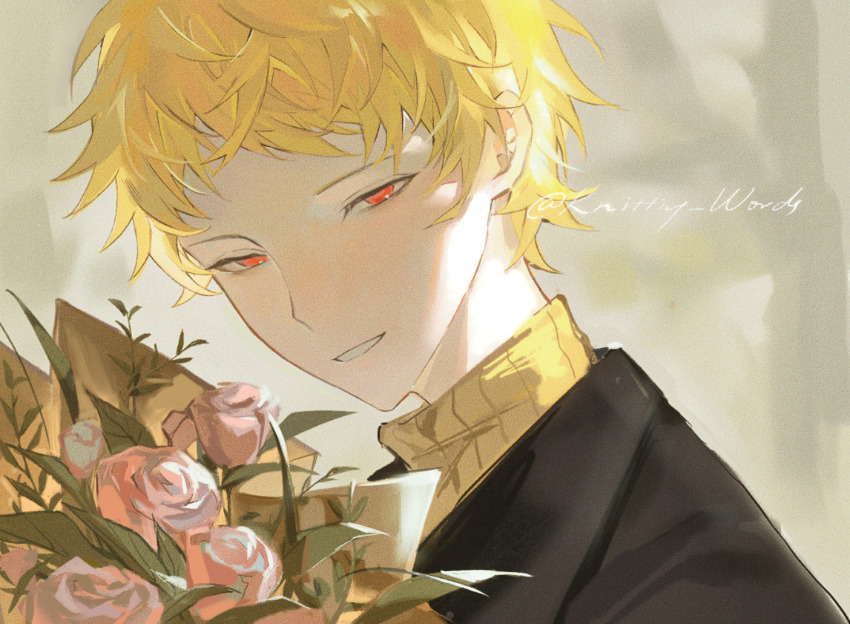 1boy atou_haruki black_jacket blonde_hair bouquet film_grain flower jacket looking_at_viewer male_focus pink_flower pink_rose portrait red_eyes ribbed_sweater rose saibou_shinkyoku short_hair smile solo sweater turtleneck turtleneck_sweater yellow_sweater zhiyanpianyu55126