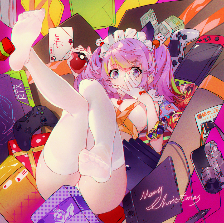 1girl ass breasts christmas copyright_request drawing_tablet feet grandia_lee graphics_card highres long_hair looking_at_viewer money no_shoes playstation_controller pokemon pokemon_swsh socks soles thighhighs white_thighhighs