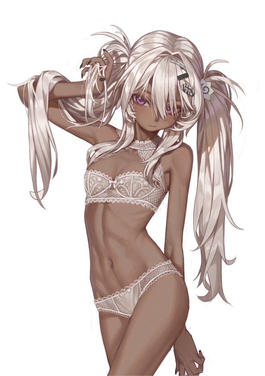 1girl blonde_hair breasts commentary_request cowboy_shot dark-skinned_female dark_skin duplicate hair_intakes hair_ornament hairclip hand_in_own_hair hand_up highres lingerie long_hair looking_at_viewer nail_polish naruto_maki_(naruto05) navel original purple_eyes simple_background small_breasts solo stomach twintails underwear underwear_only white_background