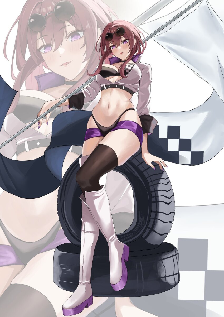 1girl alternate_costume bikini black_bikini black_thighhighs boots breasts eyewear_on_head flag higashiwun_izumi highres holding holding_flag honkai:_star_rail honkai_(series) kafka_(honkai:_star_rail) large_breasts micro_shorts navel parted_lips purple_eyes purple_hair purple_nails purple_shorts race_queen round_eyewear shorts sitting solo stomach swimsuit thighhighs thighhighs_under_boots thighs wheel white_background white_boots zoom_layer