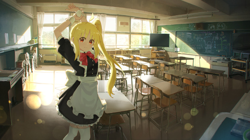 1girl absurdres apron black_dress blonde_hair bocchi_the_rock! chair chalkboard classroom closed_mouth desk dress frilled_apron frilled_dress frills highres ijichi_nijika indoors jl_tan long_hair looking_at_viewer puffy_short_sleeves puffy_sleeves red_eyes school_chair school_desk short_sleeves side_ponytail solo television thighhighs white_apron white_thighhighs window