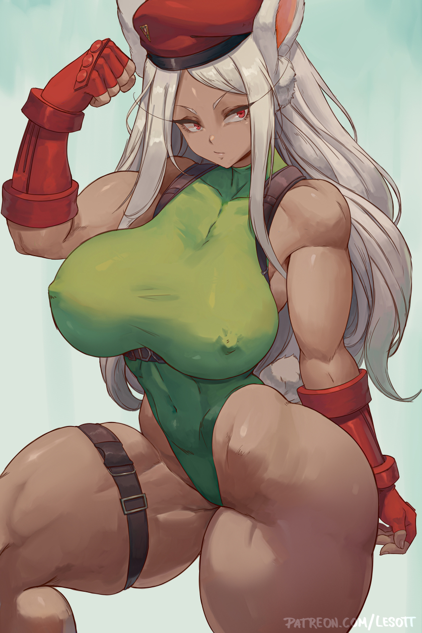 1girl absurdres alterlesott animal_ears aqua_background beret boku_no_hero_academia breasts cammy_white cammy_white_(cosplay) clenched_hand closed_mouth cosplay covered_erect_nipples dark-skinned_female dark_skin fingerless_gloves gloves gradient_background green_leotard hat highleg highleg_leotard highres large_breasts leotard long_hair mirko muscular muscular_female patreon_username rabbit_ears rabbit_girl red_eyes red_gloves red_hat solo standing street_fighter thick_thighs thigh_strap thighs white_hair
