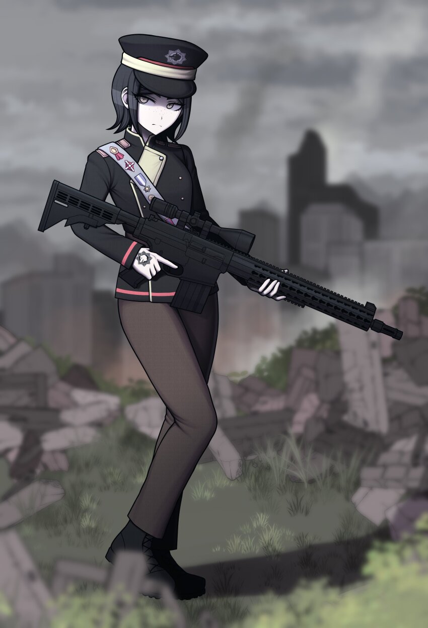 1girl absurdres alternate_costume ar-10 battle_rifle black_hair black_jacket blurry blurry_background brown_jacket buttons commission danganronpa:_trigger_happy_havoc danganronpa_(series) double-breasted freckles fulltimeangel13 gloves gun highres ikusaba_mukuro jacket long_sleeves rifle shoes short_hair standing weapon white_gloves
