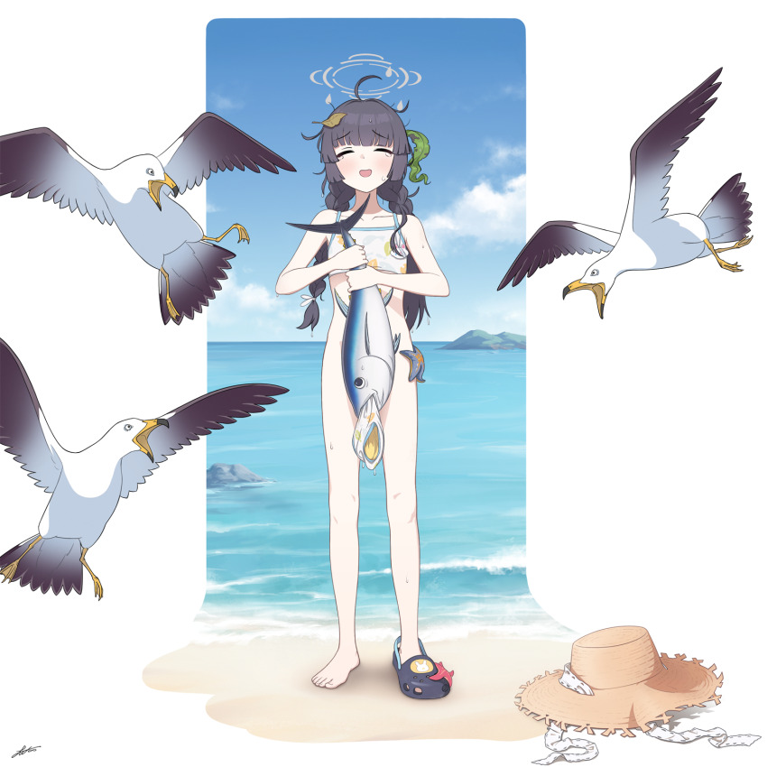 1girl ahoge animal beach bikini bird black_hair blue_archive blue_sky bottomless braid closed_eyes commentary convenient_censoring crocs fish full_body grey_halo halo hat highres holding holding_animal holding_fish jpark leaf leaf_on_head leaf_print long_hair miyu_(blue_archive) miyu_(swimsuit)_(blue_archive) navel ocean official_alternate_costume open_mouth panties print_bikini seagull seaweed signature sky solo starfish straw_hat swimsuit tearing_up tears twin_braids underwear unworn_hat unworn_headwear unworn_panties unworn_swimsuit white_background white_bikini