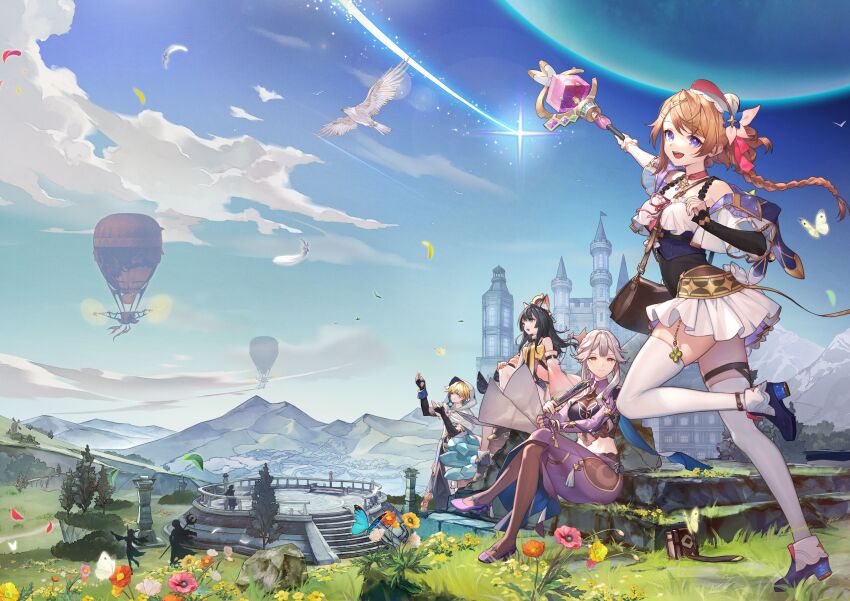 1boy 3girls :d absurdres aircraft asymmetrical_sleeves atelier_(series) atelier_resleriana bag bird black_hair blonde_hair blue_eyes blue_footwear blue_sky braid brown_eyes bug butterfly capelet castle cloak cloud detached_sleeves dress feathers flower frilled_dress frills grass hair_between_eyes high_heels highres holding holding_staff hot_air_balloon insect izana_kokoschka looking_at_viewer mismatched_sleeves multiple_girls official_art open_mouth outdoors pants pink_dress promotional_art purple_pants purple_shirt resna_sternenlicht roman_kalman saskia_(atelier) satchel shirt shoes shooting_star short_dress silhouette single_braid sitting sky smile staff standing swept_bangs thigh_strap thighhighs umiu_geso white_cloak white_dress white_hair white_thighhighs zettai_ryouiki