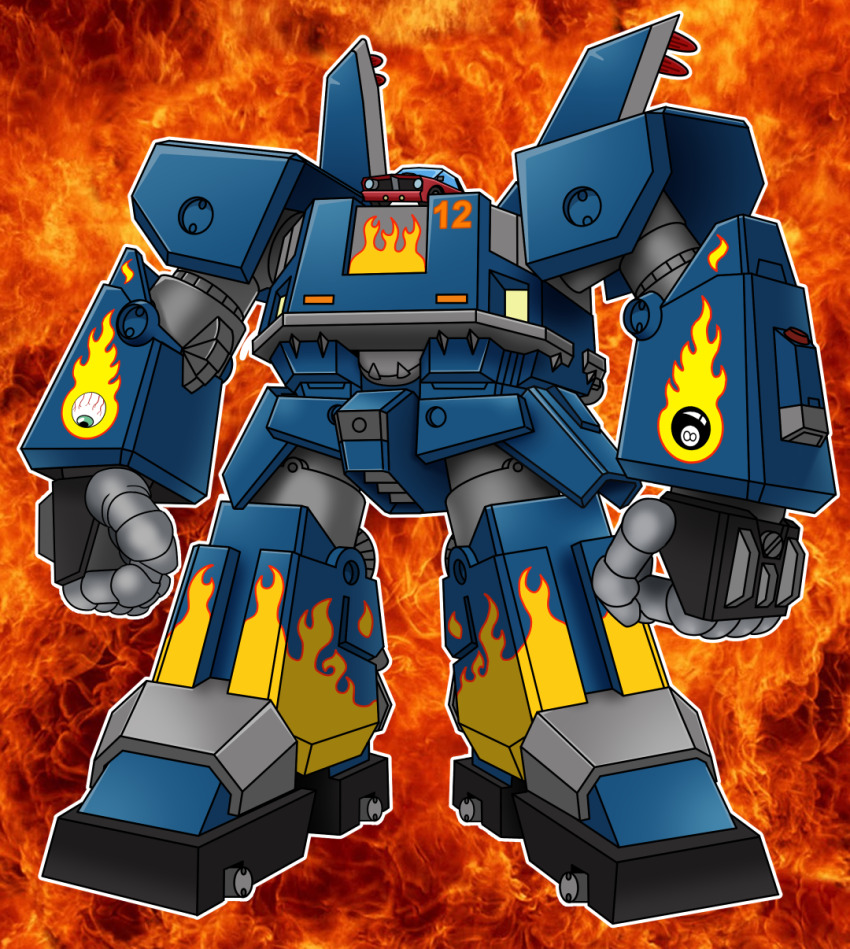 car chibi clenched_hands commentary concept_art crossover english_commentary flame_print highres light mecha megas_xlr megas_xlr_(mecha) motor_vehicle muscle_car no_humans official_style photo_background plymouth_barracuda robot science_fiction sketch solo super_robot super_robot_wars type_x unused_tire western_comics_(style)