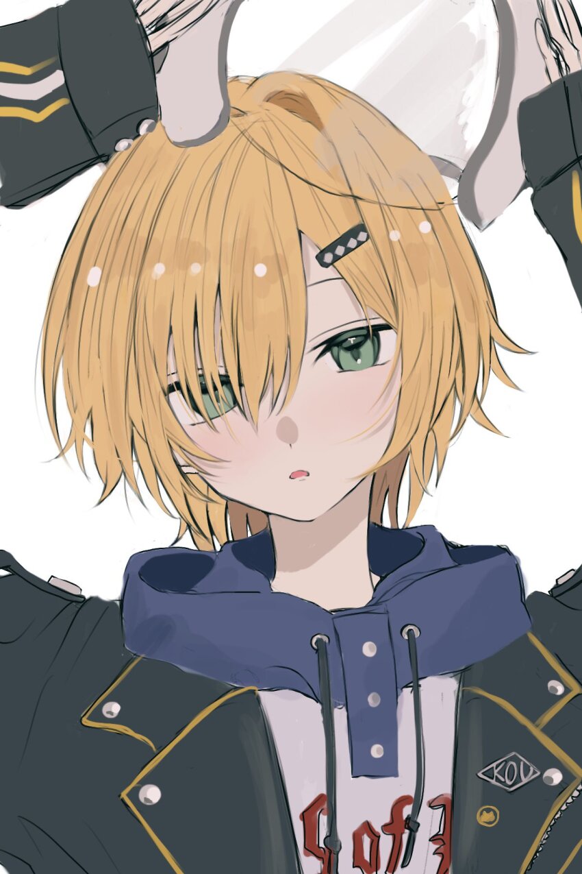 1boy arms_up black_jacket blonde_hair blue_hood character_name clothes_writing drawstring green_eyes hair_intakes hair_ornament hair_over_one_eye hairclip helmet highres holding holding_unworn_helmet hood hood_down hoodie jacket lapels looking_at_viewer male_focus nijisanji no_headwear nononononomiv notched_lapels open_clothes open_jacket parted_lips portrait print_hoodie short_hair simple_background sleeves_past_wrists solo space_helmet unworn_headwear unworn_helmet unzipped uzuki_kou uzuki_kou_(5th_costume) virtual_youtuber white_background white_helmet white_hoodie wolf_cut yellow_trim